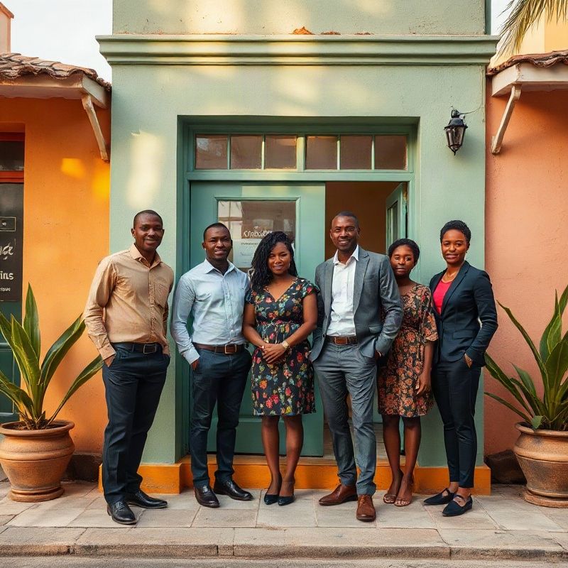 Small professional team outside a bright Malindi office
