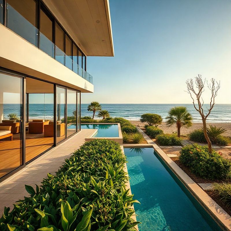 Modern beachfront villa with floor-to-ceiling glass overlooking the Indian Ocean